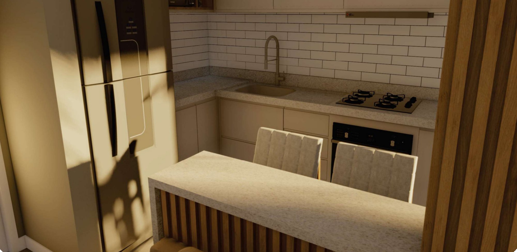 Cozinha americana com bancada, cooktop e geladeira