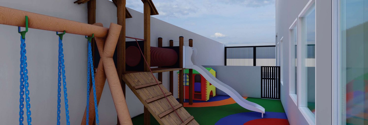 Playground com balanços, escorregador e piso emborrachado colorido