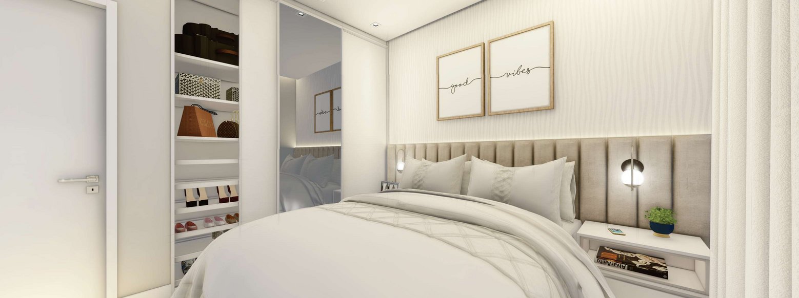 Suíte com cama de casal, cabeceira estofada e armário